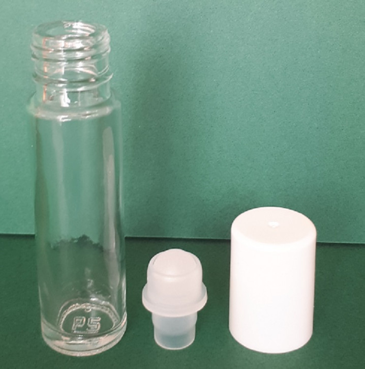 Roll-on Flasche, Klarglas, weiße Kappe, komplett 20ml,  1St
